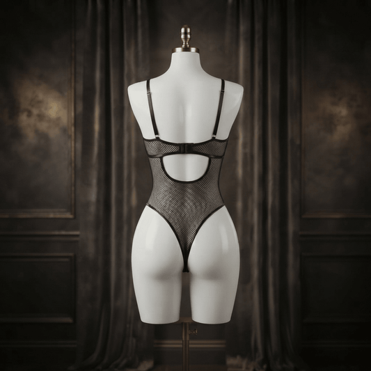 Black Leather Mesh Bodysuit - Bold Night - Arosha