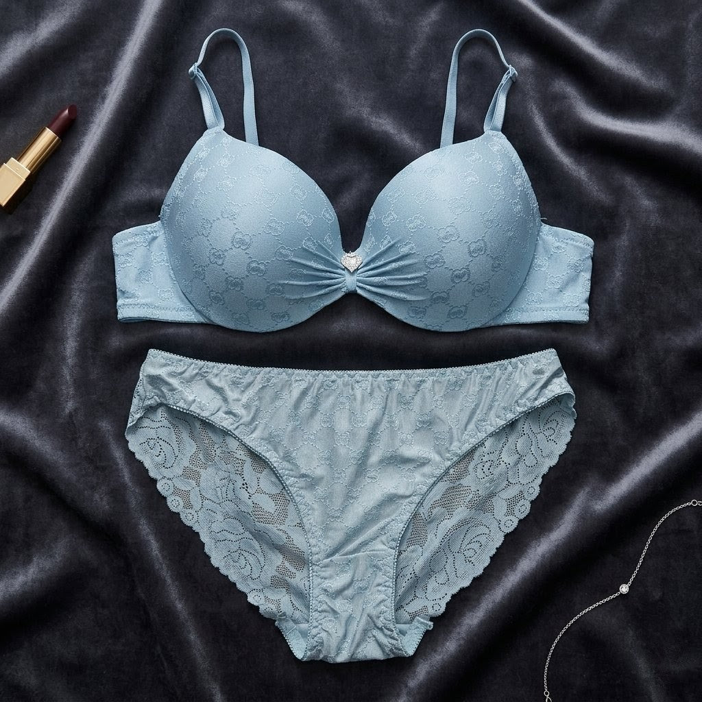 Heart - Embellished Jacquard Padded Lingerie Set - Arosha