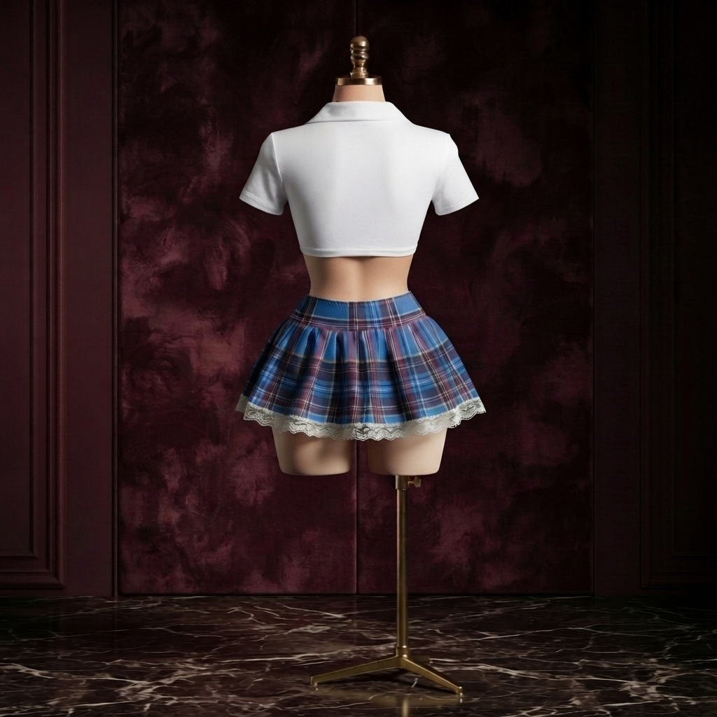 Blue Plaid Costume Set With Lace Hem - Tie Front Top and Mini Skirt
