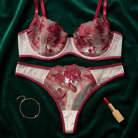 Signature Flora Embroidered Mesh Lingerie Set - Arosha