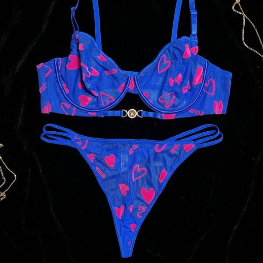 Signature Heart - Embroidered Sheer Tulle Lingerie Set - Arosha