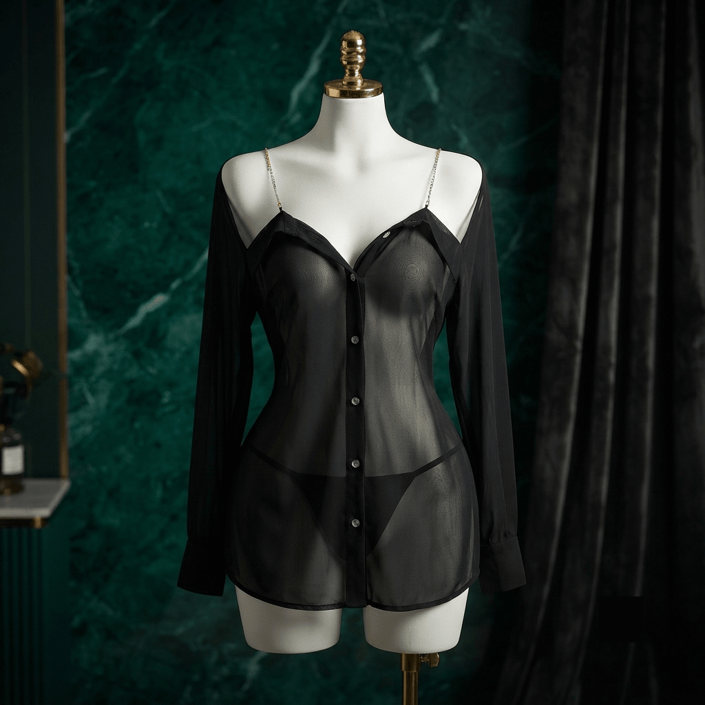 Chiffon Rhinestone Strap Shirt Nightdress Set - Boudoir Glam - Arosha