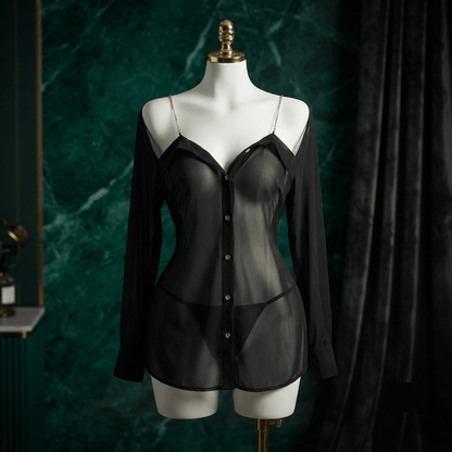 Chiffon Rhinestone Strap Shirt Nightdress Set - Boudoir Glam - Arosha