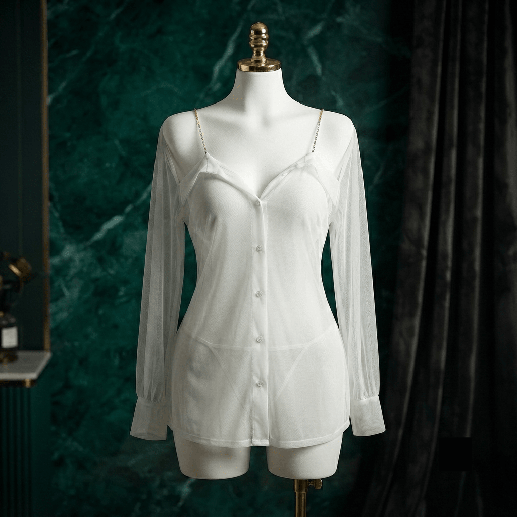 Chiffon Rhinestone Strap Shirt Nightdress Set - Boudoir Glam - Arosha