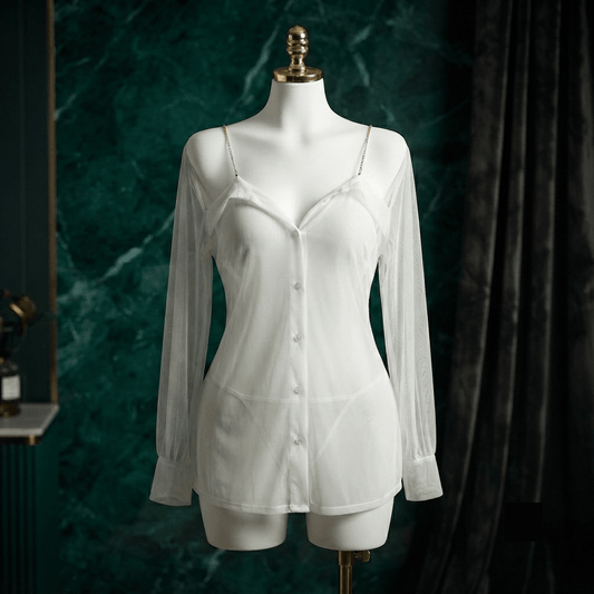 Chiffon Rhinestone Strap Shirt Nightdress Set - Boudoir Glam - Arosha