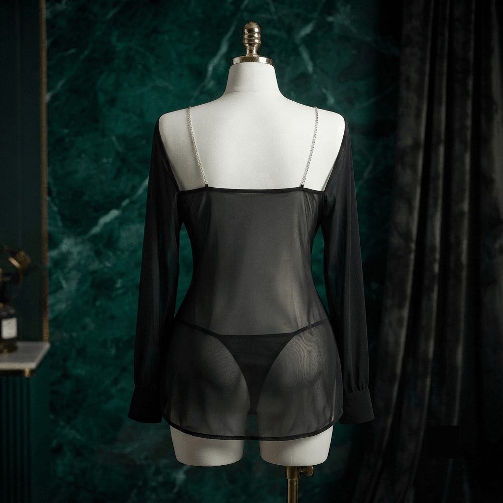 Chiffon Rhinestone Strap Shirt Nightdress Set - Boudoir Glam - Arosha