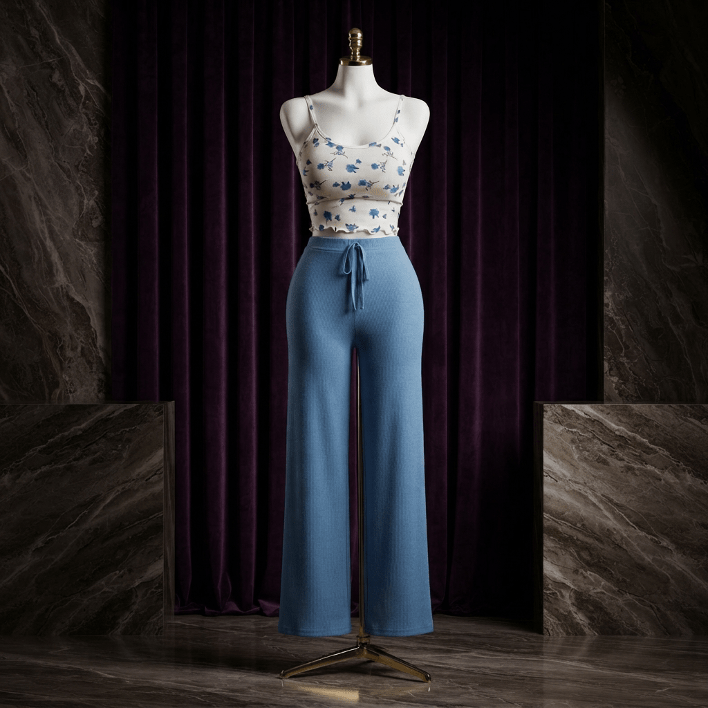 Floral Ribbed Cami Lounge Set - Wide Leg Pajama Co-ord - Arosha