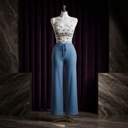 Floral Ribbed Cami Lounge Set - Wide Leg Pajama Co-ord - Arosha