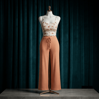 Floral Ribbed Cami Lounge Set - Wide Leg Pajama Co-ord - Arosha