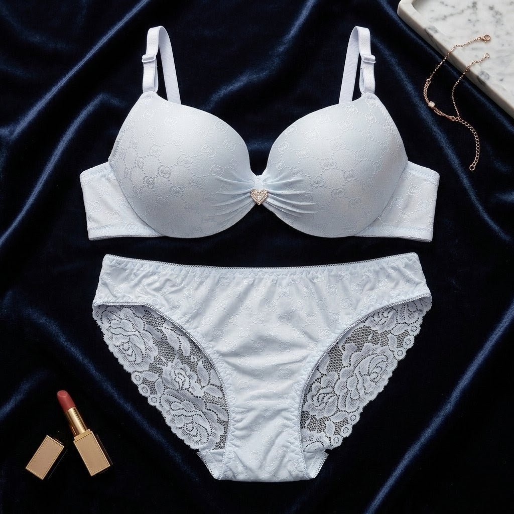 Heart - Embellished Jacquard Padded Lingerie Set - Arosha