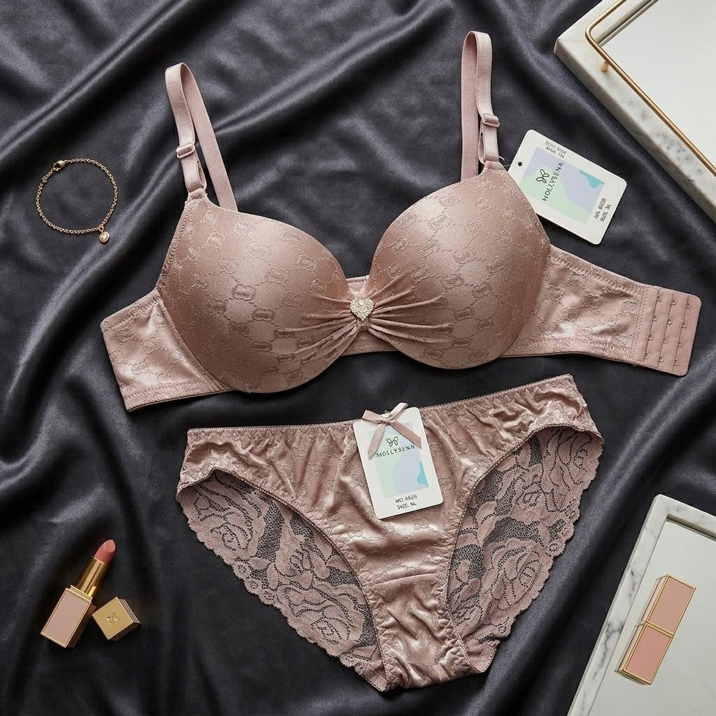 Heart - Embellished Jacquard Padded Lingerie Set - Arosha