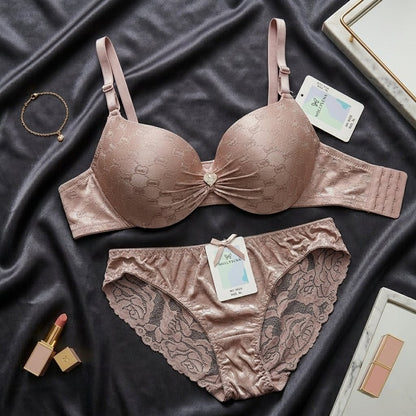 Heart - Embellished Jacquard Padded Lingerie Set - Arosha