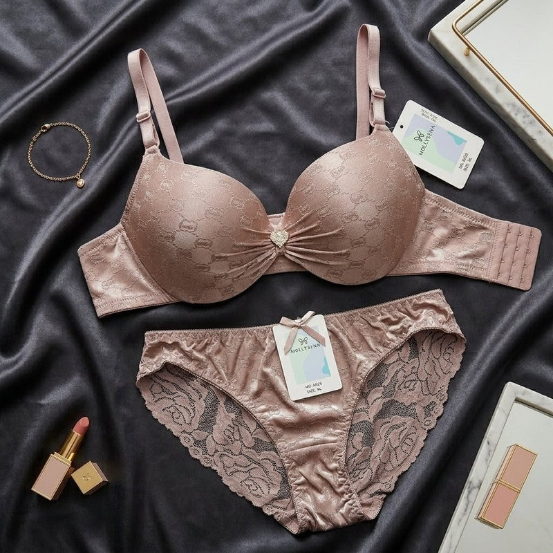 Heart - Embellished Jacquard Padded Lingerie Set - Arosha