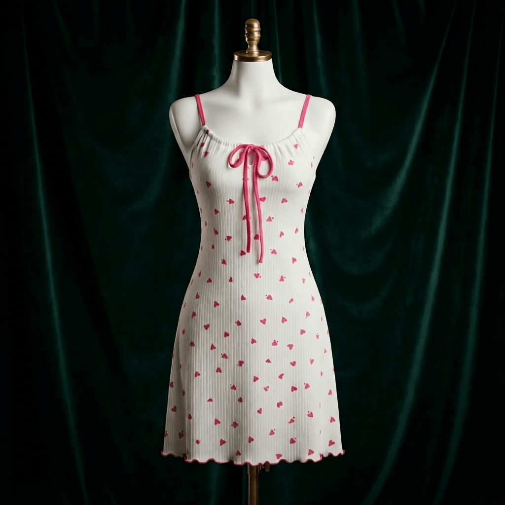 Heart Print Bow Nighty - Soft Slip Dress - Arosha