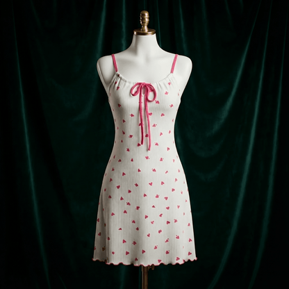 Heart Print Bow Nighty - Soft Slip Dress - Arosha