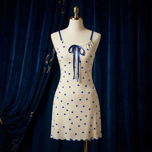Heart Print Bow Nighty - Soft Slip Dress - Arosha