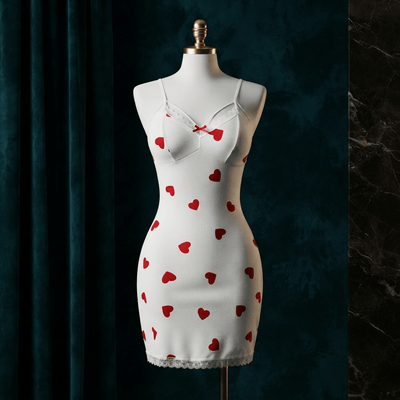 Heart Print Lace Trim Slip Nightdress - Bodycon Boudoir - Arosha