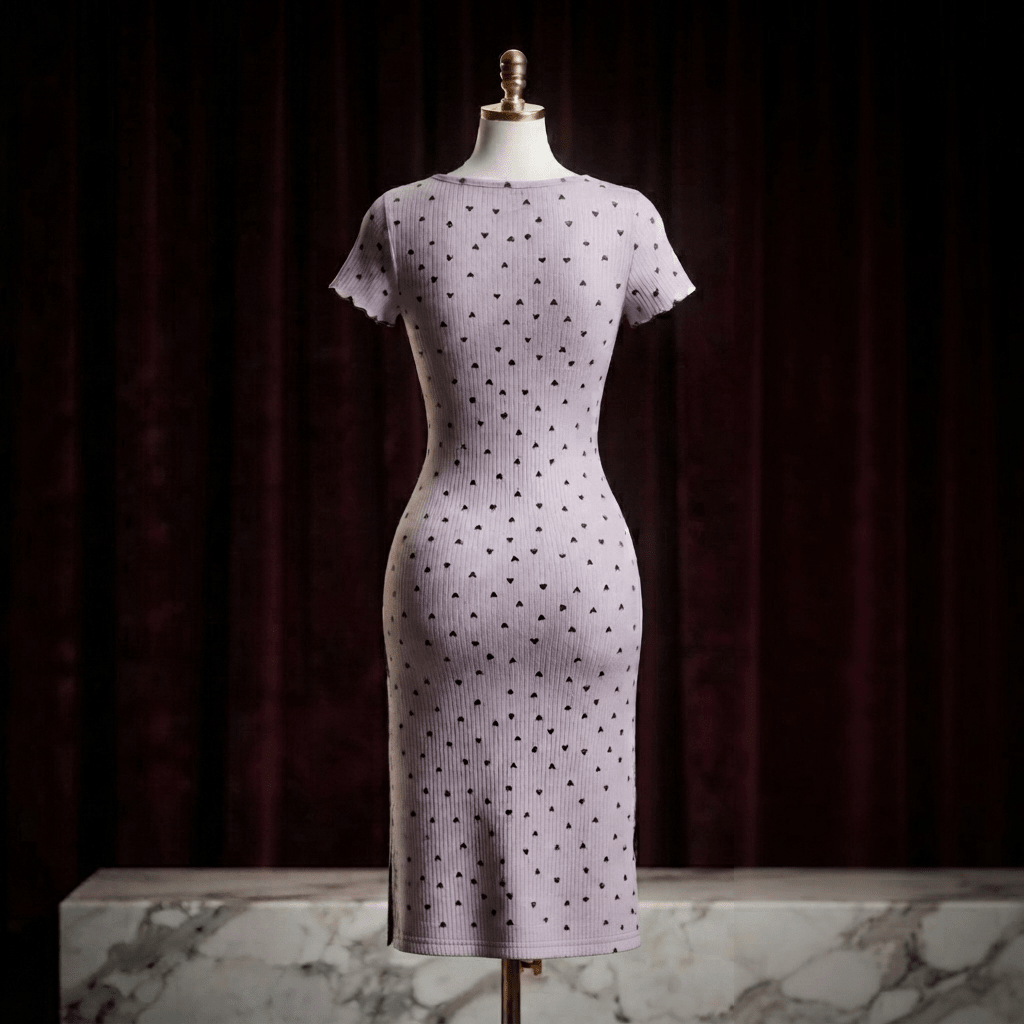 Heart Print Ribbed Lace Slit Nightdress - Midi Boudoir - Arosha