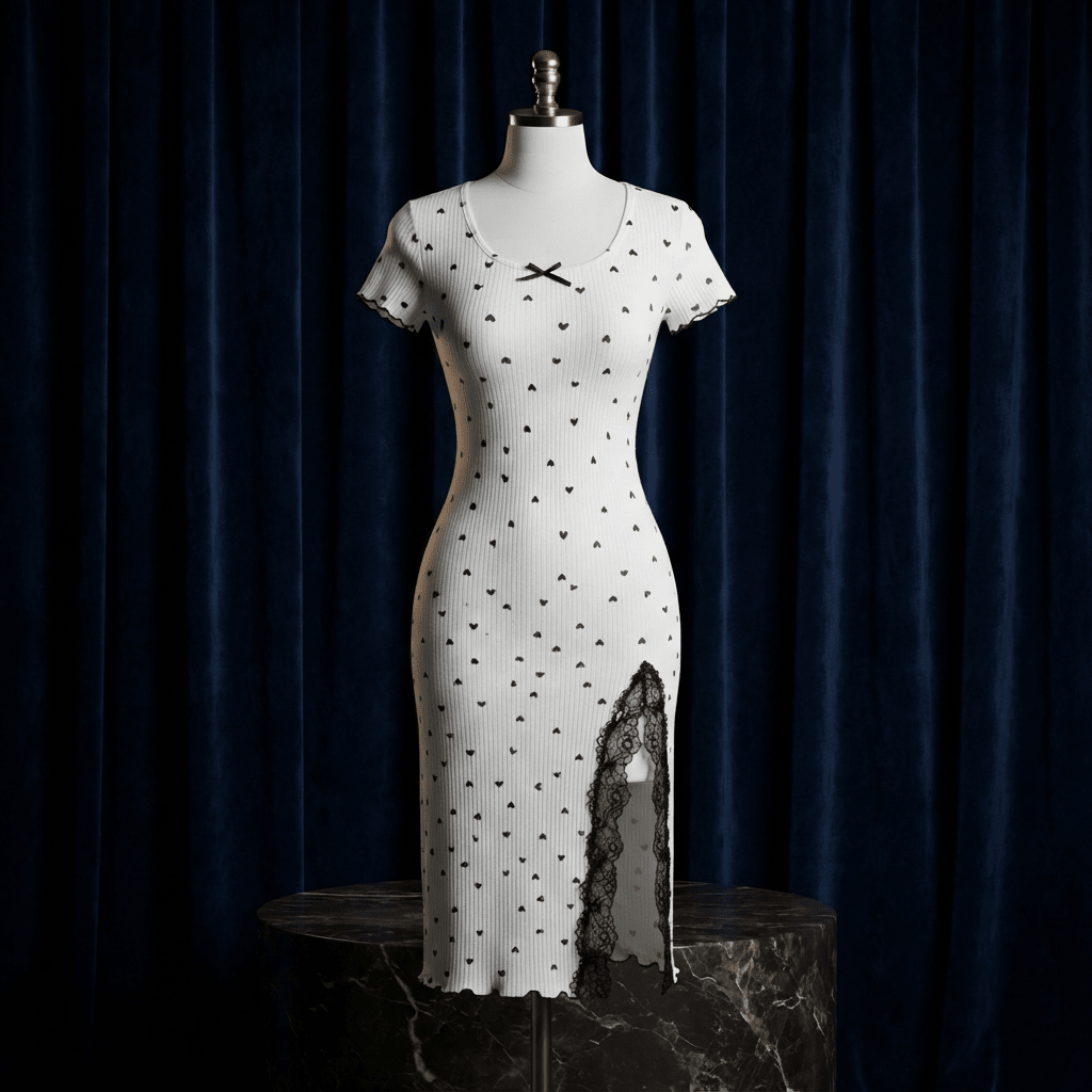Heart Print Ribbed Lace Slit Nightdress - Midi Boudoir - Arosha