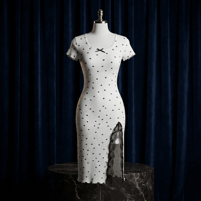 Heart Print Ribbed Lace Slit Nightdress - Midi Boudoir - Arosha