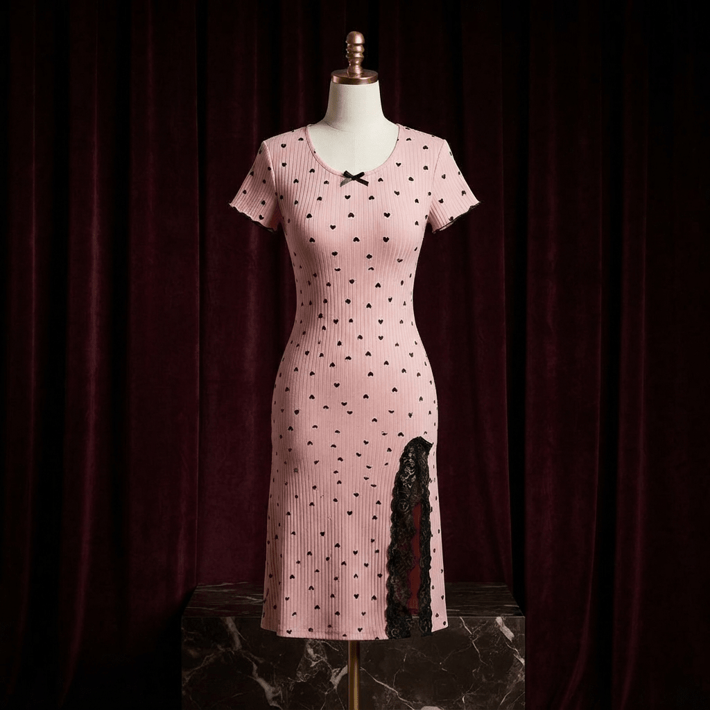 Heart Print Ribbed Lace Slit Nightdress - Midi Boudoir - Arosha