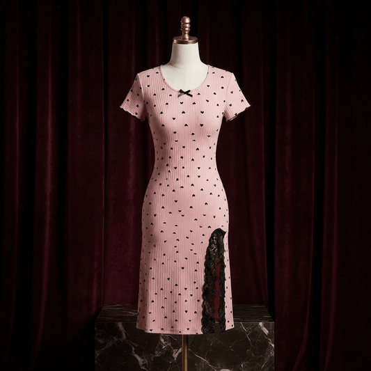 Heart Print Ribbed Lace Slit Nightdress - Midi Boudoir - Arosha