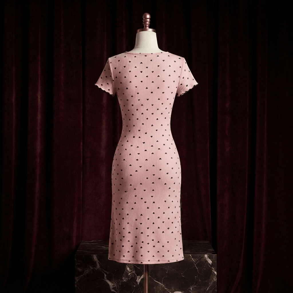 Heart Print Ribbed Lace Slit Nightdress - Midi Boudoir - Arosha