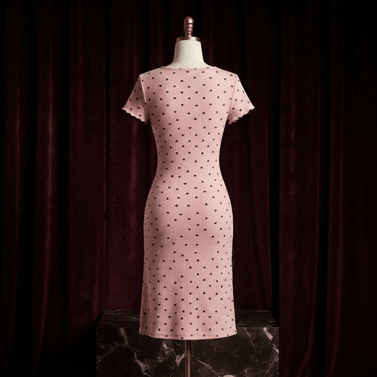 Heart Print Ribbed Lace Slit Nightdress - Midi Boudoir - Arosha
