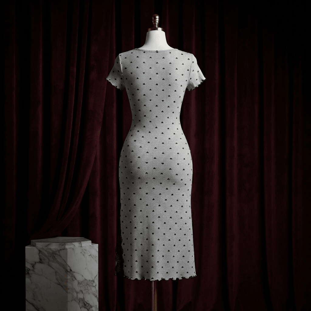 Heart Print Ribbed Lace Slit Nightdress - Midi Boudoir - Arosha
