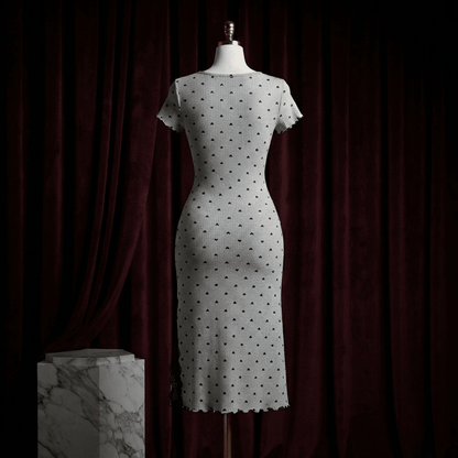 Heart Print Ribbed Lace Slit Nightdress - Midi Boudoir - Arosha