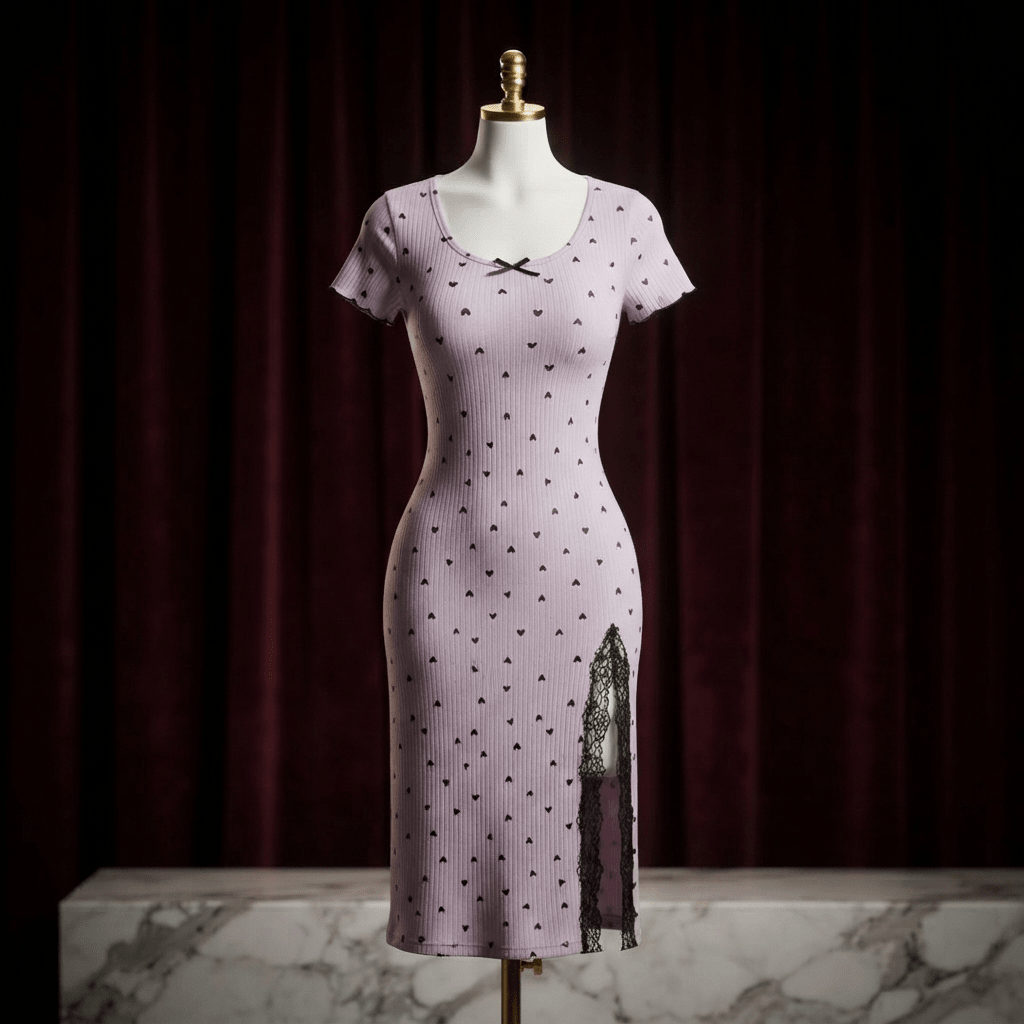 Heart Print Ribbed Lace Slit Nightdress - Midi Boudoir - Arosha