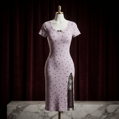 Heart Print Ribbed Lace Slit Nightdress - Midi Boudoir - Arosha