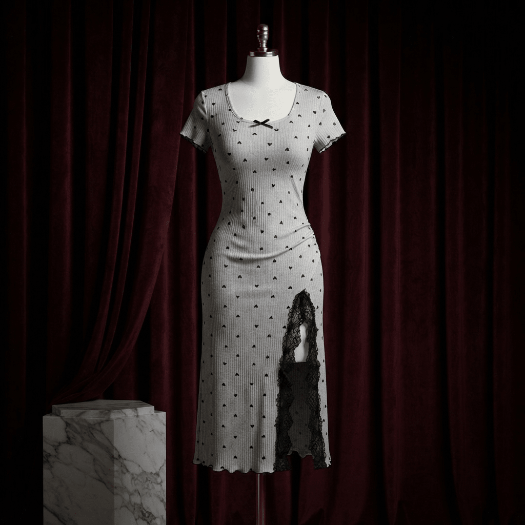 Heart Print Ribbed Lace Slit Nightdress - Midi Boudoir - Arosha