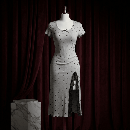 Heart Print Ribbed Lace Slit Nightdress - Midi Boudoir - Arosha