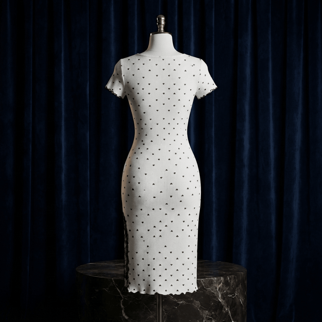 Heart Print Ribbed Lace Slit Nightdress - Midi Boudoir - Arosha