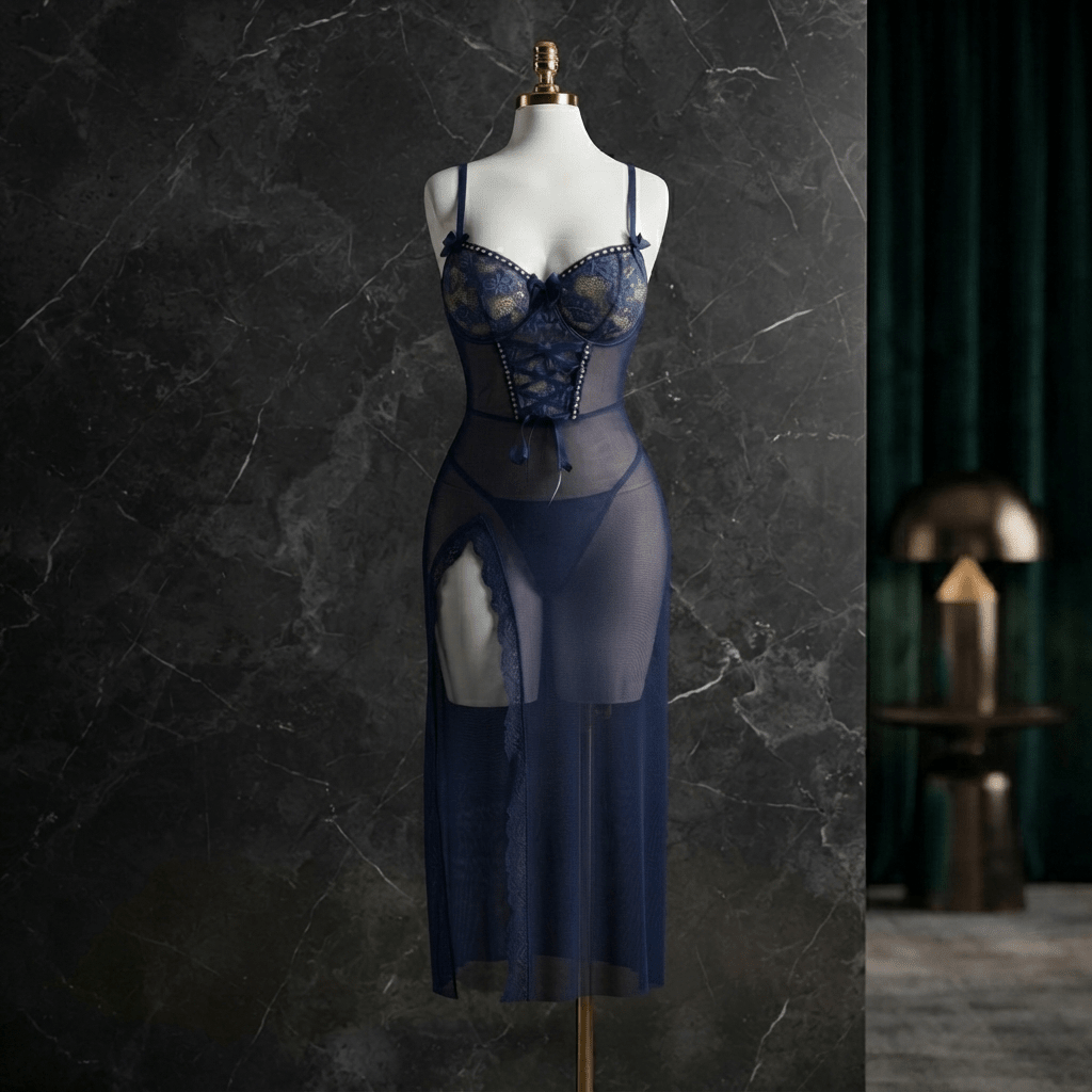 Navy Corset Mesh Gown - Elegant Seduction - Arosha