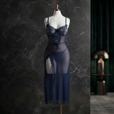Navy Corset Mesh Gown - Elegant Seduction - Arosha