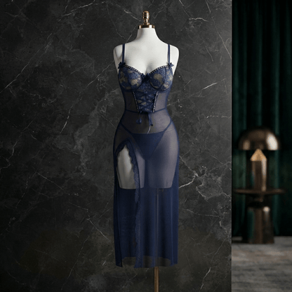 Navy Corset Mesh Gown - Elegant Seduction - Arosha