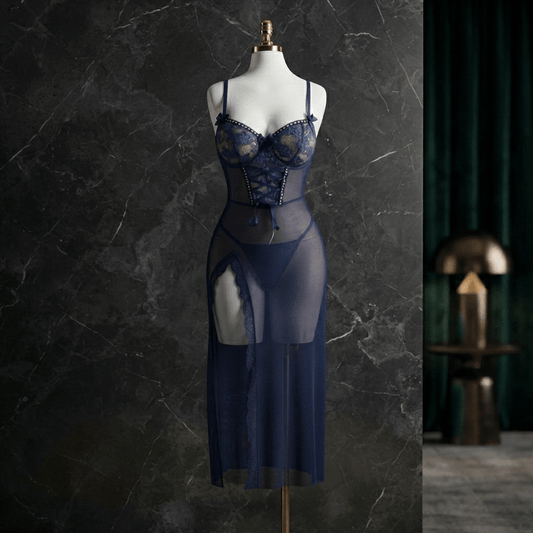 Navy Corset Mesh Gown - Elegant Seduction - Arosha