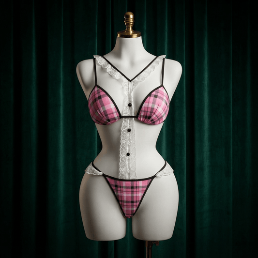 Pink Check Lace Bra Set - Cute Cutout - Arosha