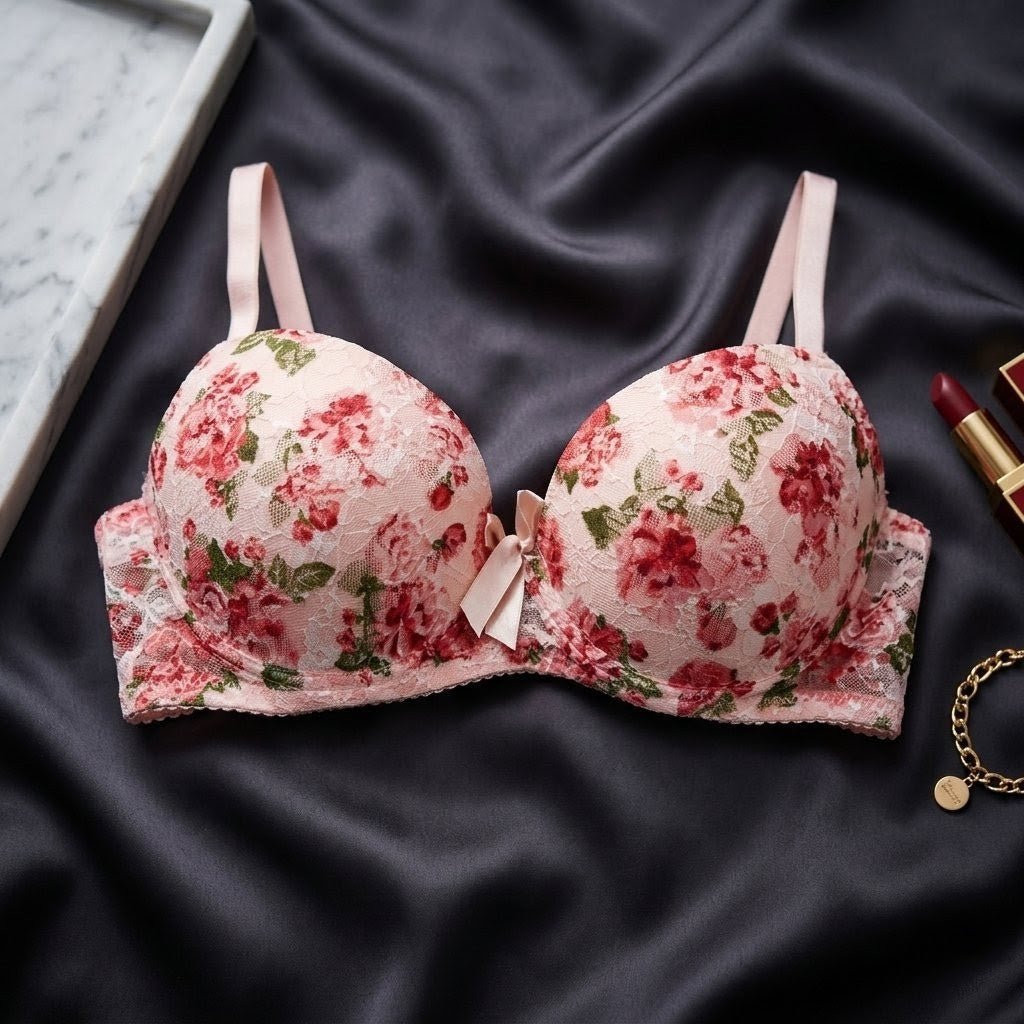 Radiant Rose Floral Print Bra with Sculpted Tulle Support - Arosha