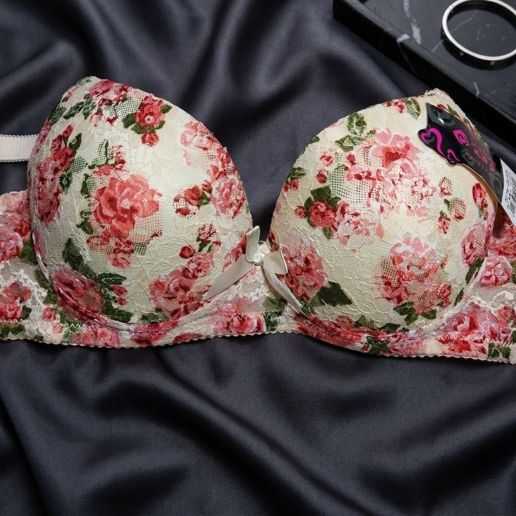 Radiant Rose Floral Print Bra with Sculpted Tulle Support - Arosha
