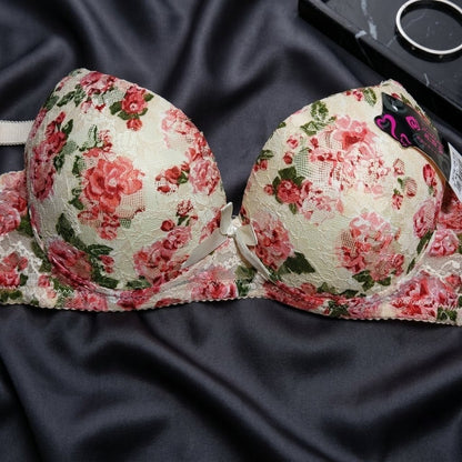 Radiant Rose Floral Print Bra with Sculpted Tulle Support - Arosha