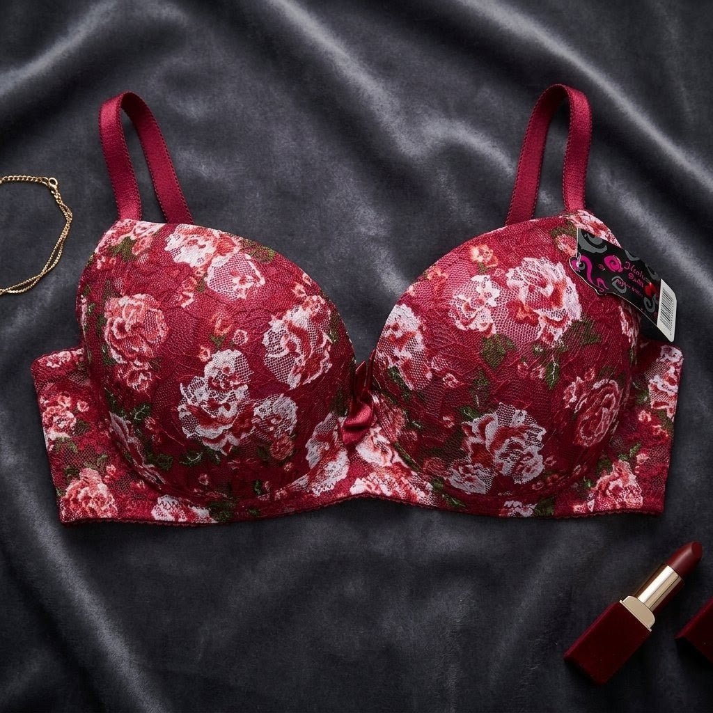 Radiant Rose Floral Print Bra with Sculpted Tulle Support - Arosha