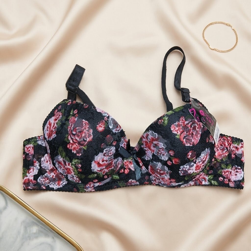 Radiant Rose Floral Print Bra with Sculpted Tulle Support - Arosha