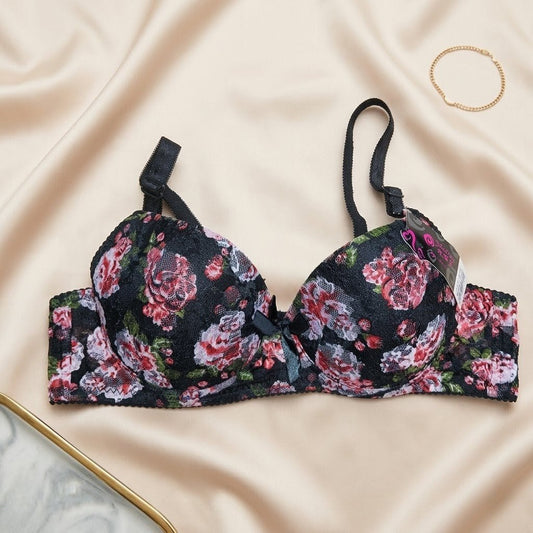 Radiant Rose Floral Print Bra with Sculpted Tulle Support - Arosha