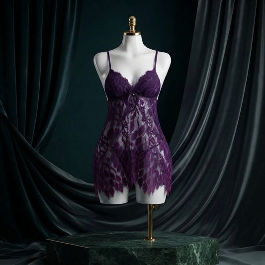 Leaf Lace Babydoll Nighty With G-String - Free Size