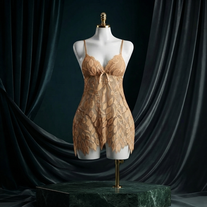 Leaf Lace Babydoll Nighty With G-String - Free Size
