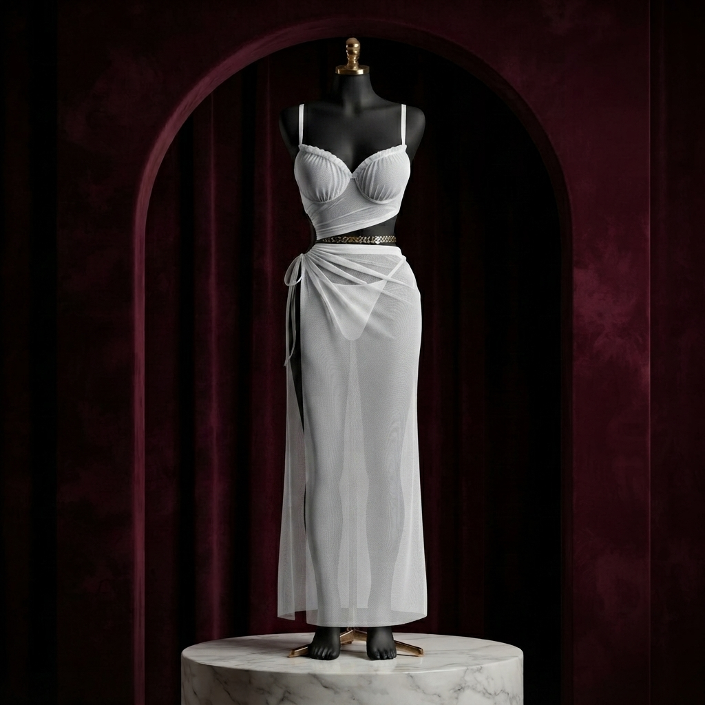 Chain Wrap Mesh Long Nighty With Panty - Free Size - Side Slit Gown