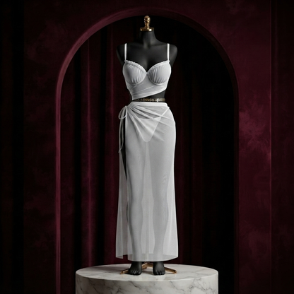 Chain Wrap Mesh Long Nighty With Panty - Free Size - Side Slit Gown
